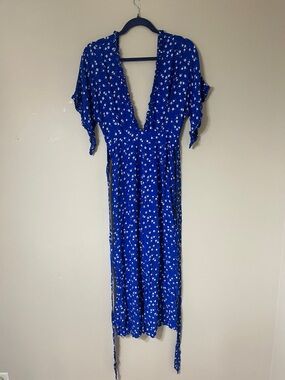 Faithfull the Brand Royal Blue Floral Wrap Jumpsuit
